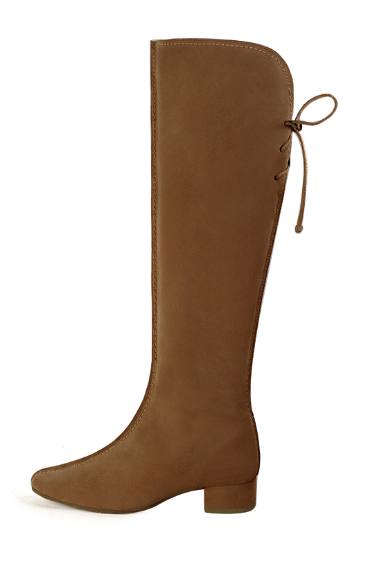 Caramel brown women's knee-high boots, with laces at the back. Round toe. Low block heels. Made to measure. Rear view - Florence KOOIJMAN